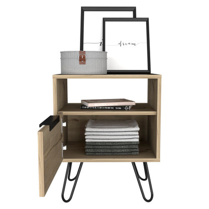 Light Oak Nightstand with Cabinet & Hairpin Legs