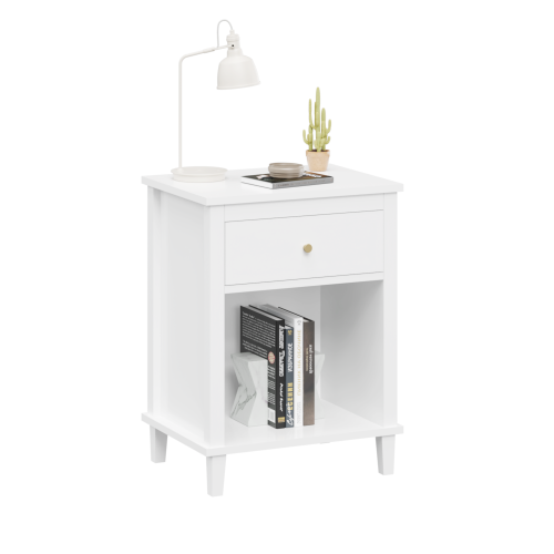 26.77''H Wooden Nightstand with One Drawer One Shelf for Kids, Adults, White+Golden handle