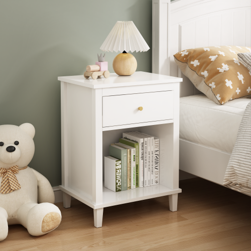 26.77''H Wooden Nightstand with One Drawer One Shelf for Kids, Adults, White+Golden handle