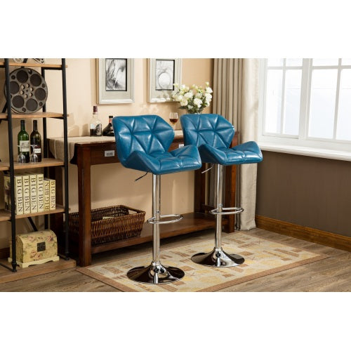 Contemporary Tufted Adjustable Height Hidraulic Bar Stools, Set of 2, Blue
