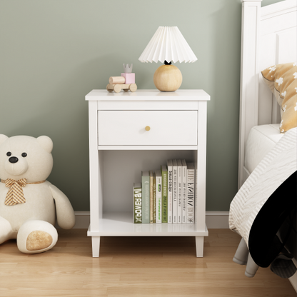 26.77''H Wooden Nightstand with One Drawer One Shelf for Kids, Adults, White+Golden handle
