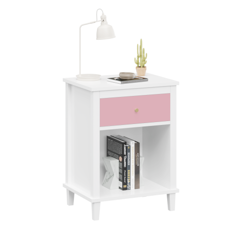 26.77''H Wooden Nightstand with One Drawer One Shelf for Kids, Adults, Pink+Golden handle