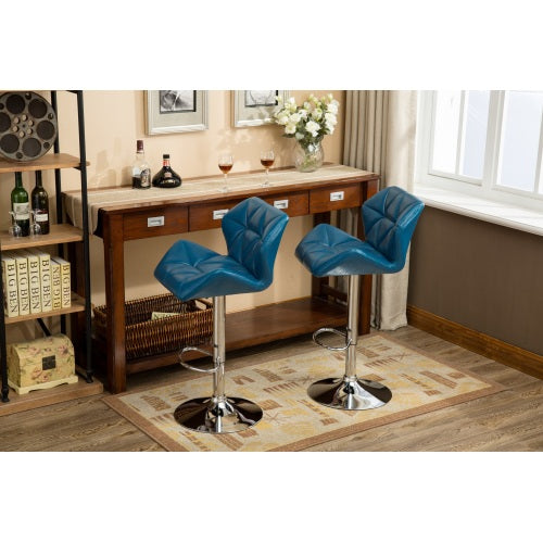 Contemporary Tufted Adjustable Height Hidraulic Bar Stools, Set of 2, Blue