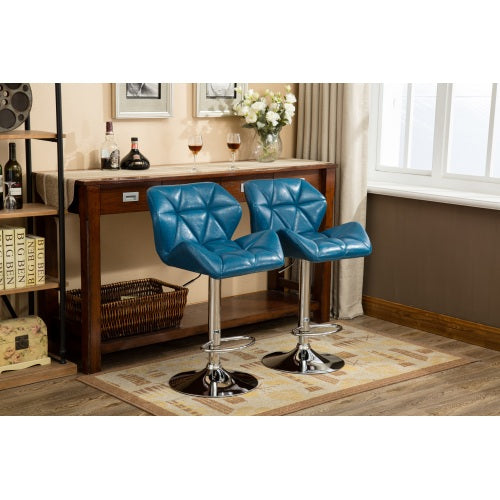Contemporary Tufted Adjustable Height Hidraulic Bar Stools, Set of 2, Blue