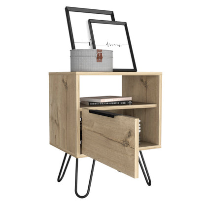 Light Oak Nightstand with Cabinet & Hairpin Legs