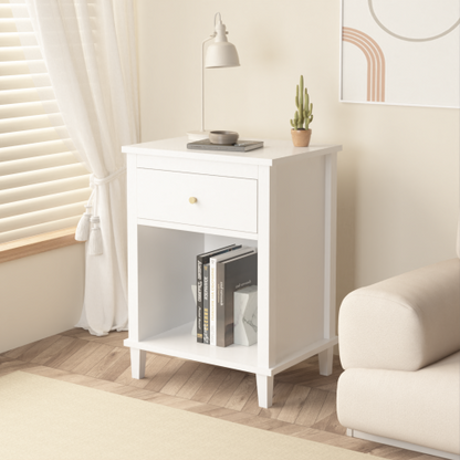 26.77''H Wooden Nightstand with One Drawer One Shelf for Kids, Adults, White+Golden handle