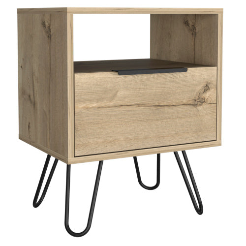 Light Oak Nightstand with Cabinet & Hairpin Legs