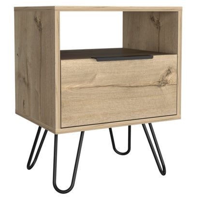 Light Oak Nightstand with Cabinet & Hairpin Legs