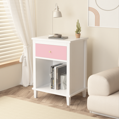 26.77''H Wooden Nightstand with One Drawer One Shelf for Kids, Adults, Pink+Golden handle
