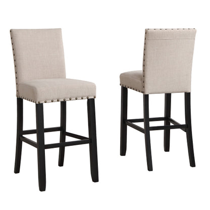 3-Piece 36inch  Round Espresso Finish Bar Table with 2 Tan Fabric Nail Head Pub Chairs