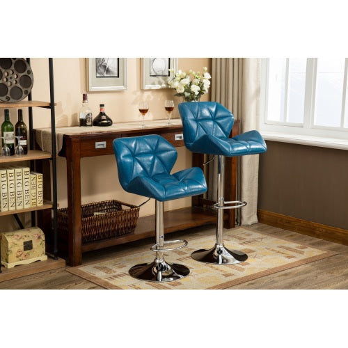 Contemporary Tufted Adjustable Height Hidraulic Bar Stools, Set of 2, Blue
