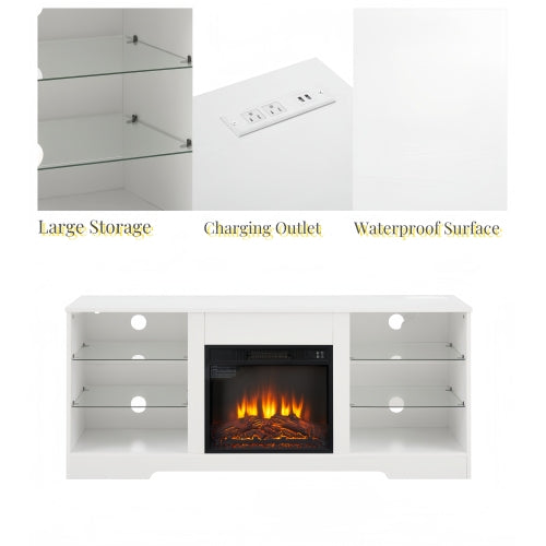 58 Inch White Electric Fireplace TV Stand 3D Color LED Light Media Cabinet with USB Power Outlet for 65 Inch TV