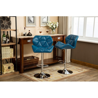 Contemporary Tufted Adjustable Height Hidraulic Bar Stools, Set of 2, Blue