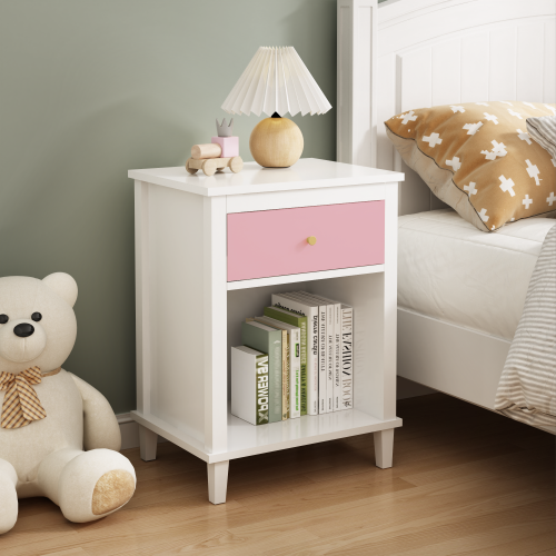 26.77''H Wooden Nightstand with One Drawer One Shelf for Kids, Adults, Pink+Golden handle