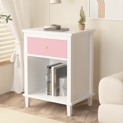 26.77''H Wooden Nightstand with One Drawer One Shelf for Kids, Adults, Pink+Golden handle