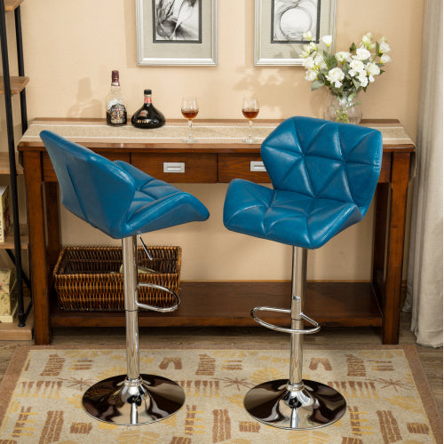 Contemporary Tufted Adjustable Height Hidraulic Bar Stools, Set of 2, Blue