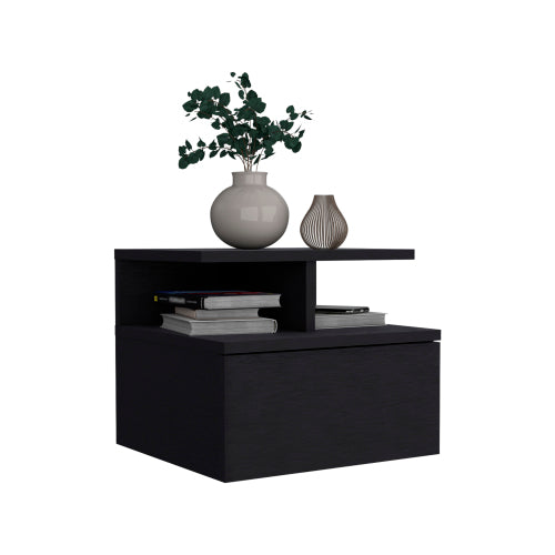 Black Wall-Mounted Floating Nightstand, 12inch H Drawer & 2-Tier Open Shelf Side Table