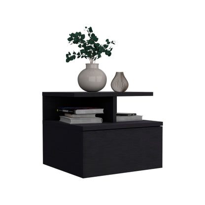 Black Wall-Mounted Floating Nightstand, 12inch H Drawer & 2-Tier Open Shelf Side Table