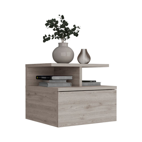 Floating Nightstand with Drawer and 2-Tier Shelf, Wall Mounted Bedside Table Light Gray