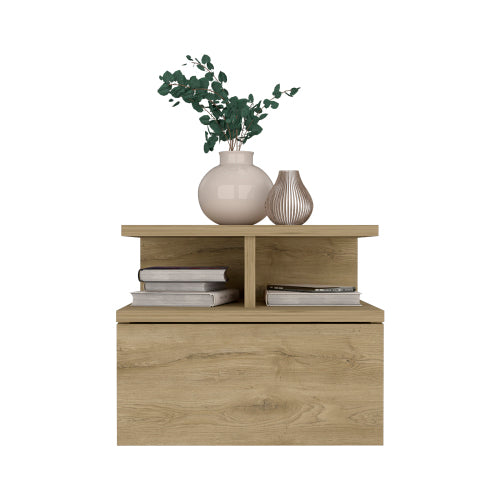 Floating Nightstand with Drawer and 2-Tier Shelf, Wall Mounted Bedside Table Macadamia