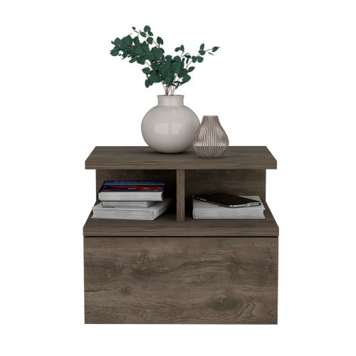 Dark Walnut Wall Mounted Floating Nightstand, 1 Drawer & 2-Tier Shelf