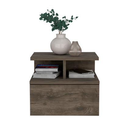 Dark Walnut Wall Mounted Floating Nightstand, 1 Drawer & 2-Tier Shelf