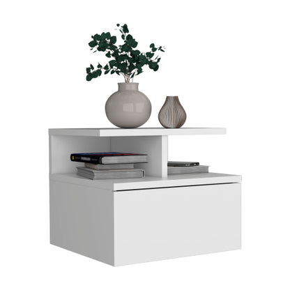 Floating Nightstand 12inch H, Wall Mounted with Single Drawer and 2-Tier Shelf, White