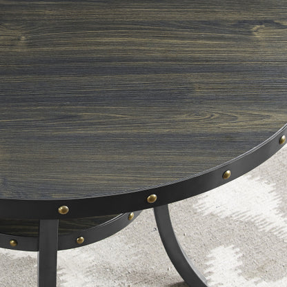 3-Piece 36inch  Round Espresso Finish Bar Table with 2 Blue Fabric Nail Head Pub Chairs