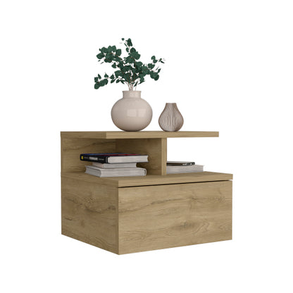 Floating Nightstand with Drawer and 2-Tier Shelf, Wall Mounted Bedside Table Macadamia