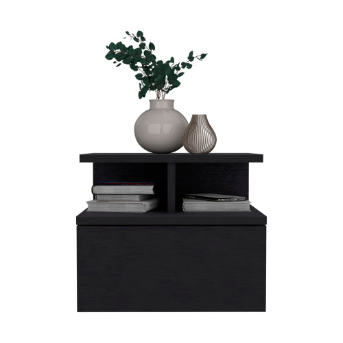 Black Wall-Mounted Floating Nightstand, 12inch H Drawer & 2-Tier Open Shelf Side Table