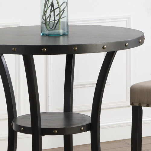 3-Piece 36inch  Round Espresso Finish Bar Table with 2 Tan Fabric Nail Head Pub Chairs