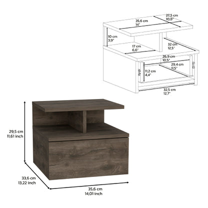 Dark Walnut Wall Mounted Floating Nightstand, 1 Drawer & 2-Tier Shelf