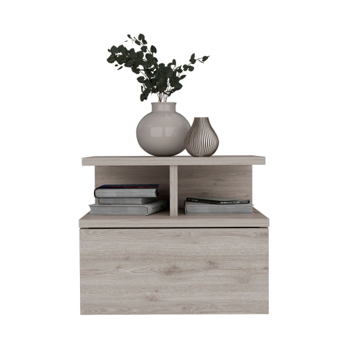 Floating Nightstand with Drawer and 2-Tier Shelf, Wall Mounted Bedside Table Light Gray