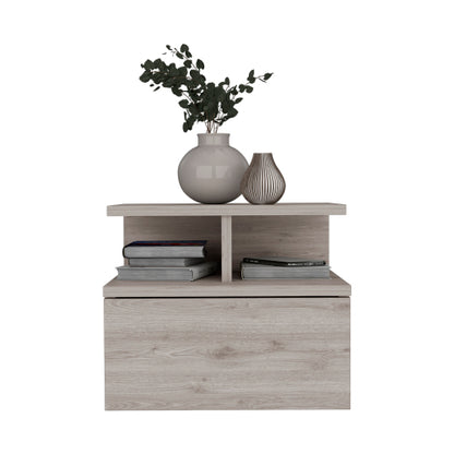 Floating Nightstand with Drawer and 2-Tier Shelf, Wall Mounted Bedside Table Light Gray