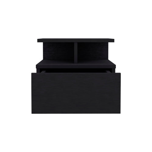 Black Wall-Mounted Floating Nightstand, 12inch H Drawer & 2-Tier Open Shelf Side Table