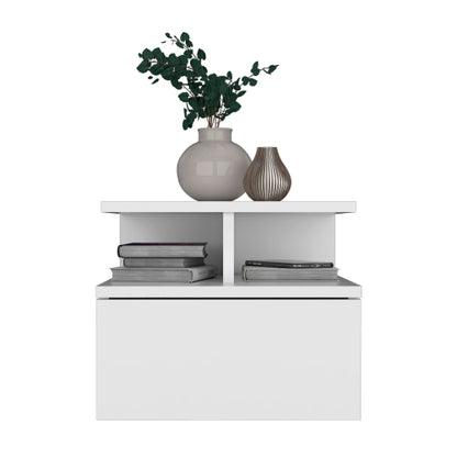 Floating Nightstand 12inch H, Wall Mounted with Single Drawer and 2-Tier Shelf, White