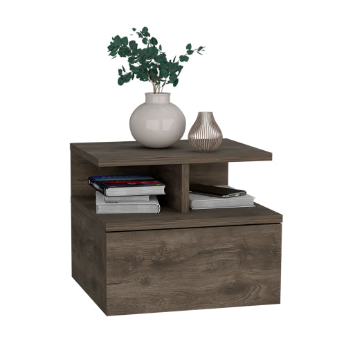 Dark Walnut Wall Mounted Floating Nightstand, 1 Drawer & 2-Tier Shelf