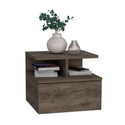 Dark Walnut Wall Mounted Floating Nightstand, 1 Drawer & 2-Tier Shelf