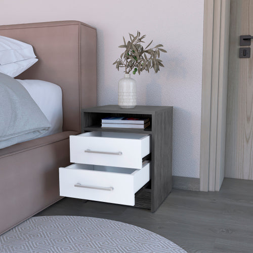Smokey Oak & White 2-Drawer Nightstand with Open Shelf