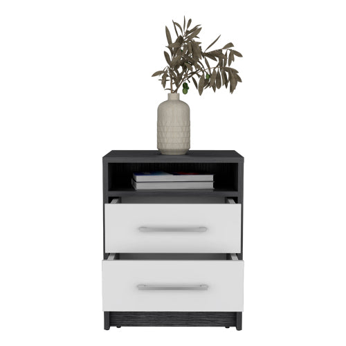 Smokey Oak & White 2-Drawer Nightstand with Open Shelf