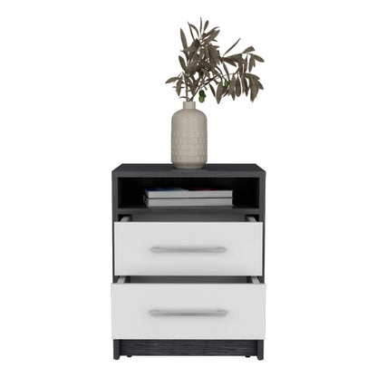 Smokey Oak & White 2-Drawer Nightstand with Open Shelf