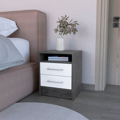Smokey Oak & White 2-Drawer Nightstand with Open Shelf