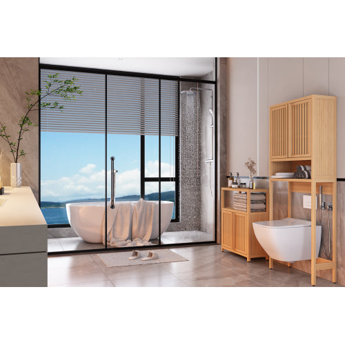 Natural Bamboo Freestanding Storage Cabinet Double Louvered Door Bathroom Organizer