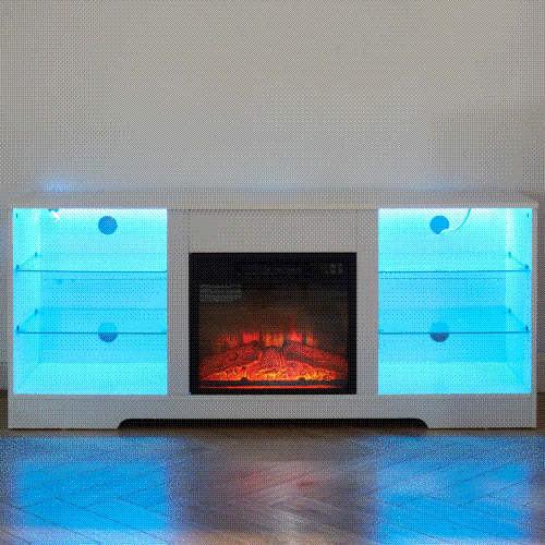 58 Inch White Electric Fireplace TV Stand 3D Color LED Light Media Cabinet with USB Power Outlet for 65 Inch TV