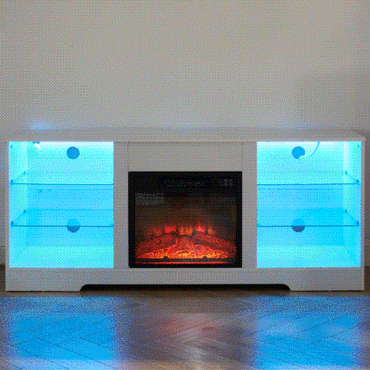 58 Inch White Electric Fireplace TV Stand 3D Color LED Light Media Cabinet with USB Power Outlet for 65 Inch TV