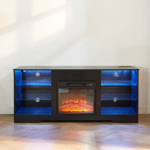 58 Inch Black Electric Fireplace TV Stand 3D LED Flame Media Console with Built-In Charging Station for 65 Inch TV