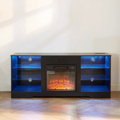 58 Inch Black Electric Fireplace TV Stand 3D LED Flame Media Console with Built-In Charging Station for 65 Inch TV