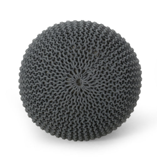 Gray Knitted Cotton Round Pouf Ottoman, 200 LBS Polystyrene Bead Floor Cushion Decorative Footrest