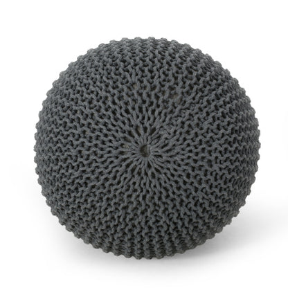 Gray Knitted Cotton Round Pouf Ottoman, 200 LBS Polystyrene Bead Floor Cushion Decorative Footrest