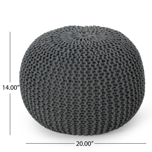 Gray Knitted Cotton Round Pouf Ottoman, 200 LBS Polystyrene Bead Floor Cushion Decorative Footrest